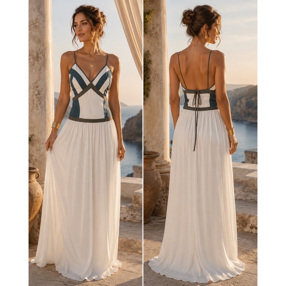 Homemade geometric‎ Bodice Maxi Dress Womens Small White Teal Strappy Open Back